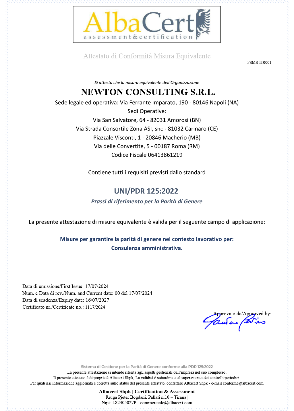 Certificato di registrazione Newtonformare